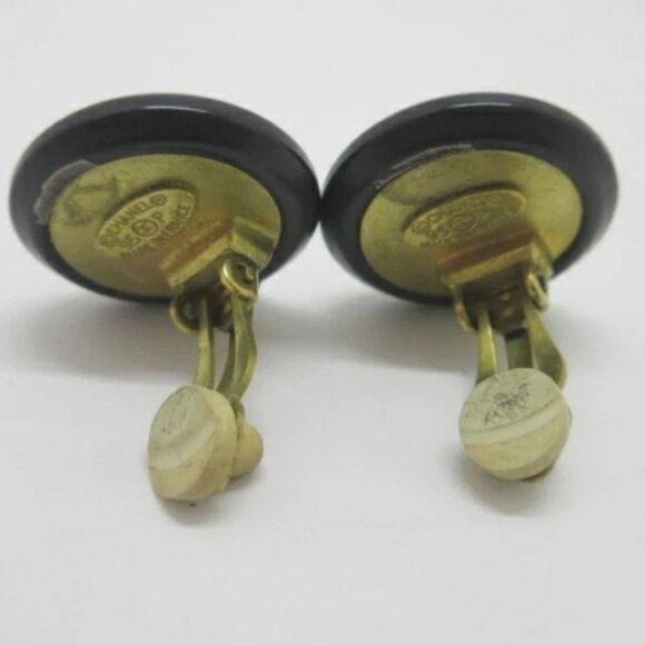 CHANEL CC Logos Black Round Clip-On Earrings Gold Tone 95P Auth w/Box #3249 - Picture 4 of 7